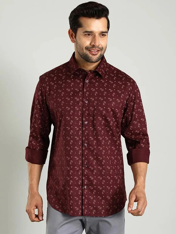 Indian Terrain Men's Regular Fit Full Sleeve All Over Print Maroon Shirt